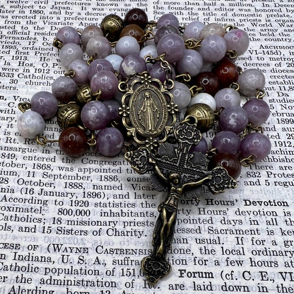 Catholic Rosary – Antiqued Brass & Dusky Purple Agate, Handmade in Scotland, Victorian Gothic Starburst Cross