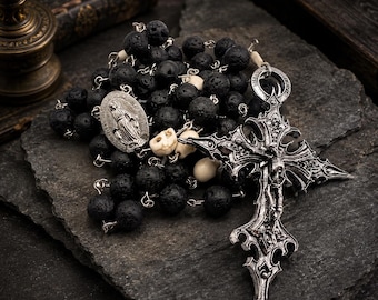Handmade Gothic Lava Rock Rosary: Skull Beads, Virgin Mary, Scotland