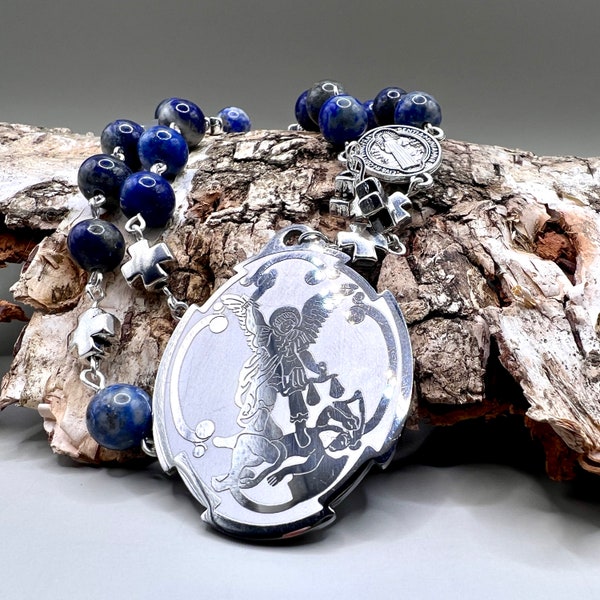 Handmade in Scotland Archangel Saint Michael Rosary Beads Chaplet St Benedict Catholic Angel Lapis Lazuli Silver