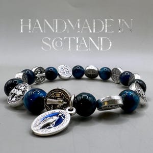 Tiger Eye Rosary Bracelet: Catholic Crucifix Cross, Saint Benedict Charms