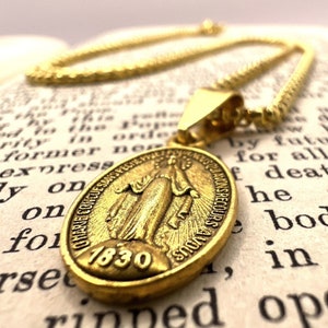 Simple Elegant Handmade in Scotland Gold Catholic Medal Necklace Miraculous Medal Virgin Mary Santa Maria Hope