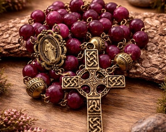 Handmade Catholic Rosary: Garnet Beads, Celtic Cross, Scottish Design