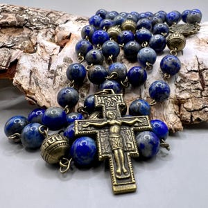 Handmade in Scotland  Lapis Lazuli Saint Francis of Assisi 7 Decade Rosary Beads Franciscan Crown Catholic Devotion Mystery Miraculous Medal