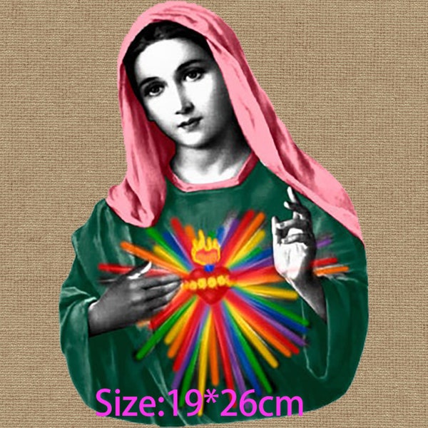 Grand écusson Vierge Marie en fer pour personnaliser des t-shirts ou des sacs Icône de Harajuku Amour catholique arc-en-ciel