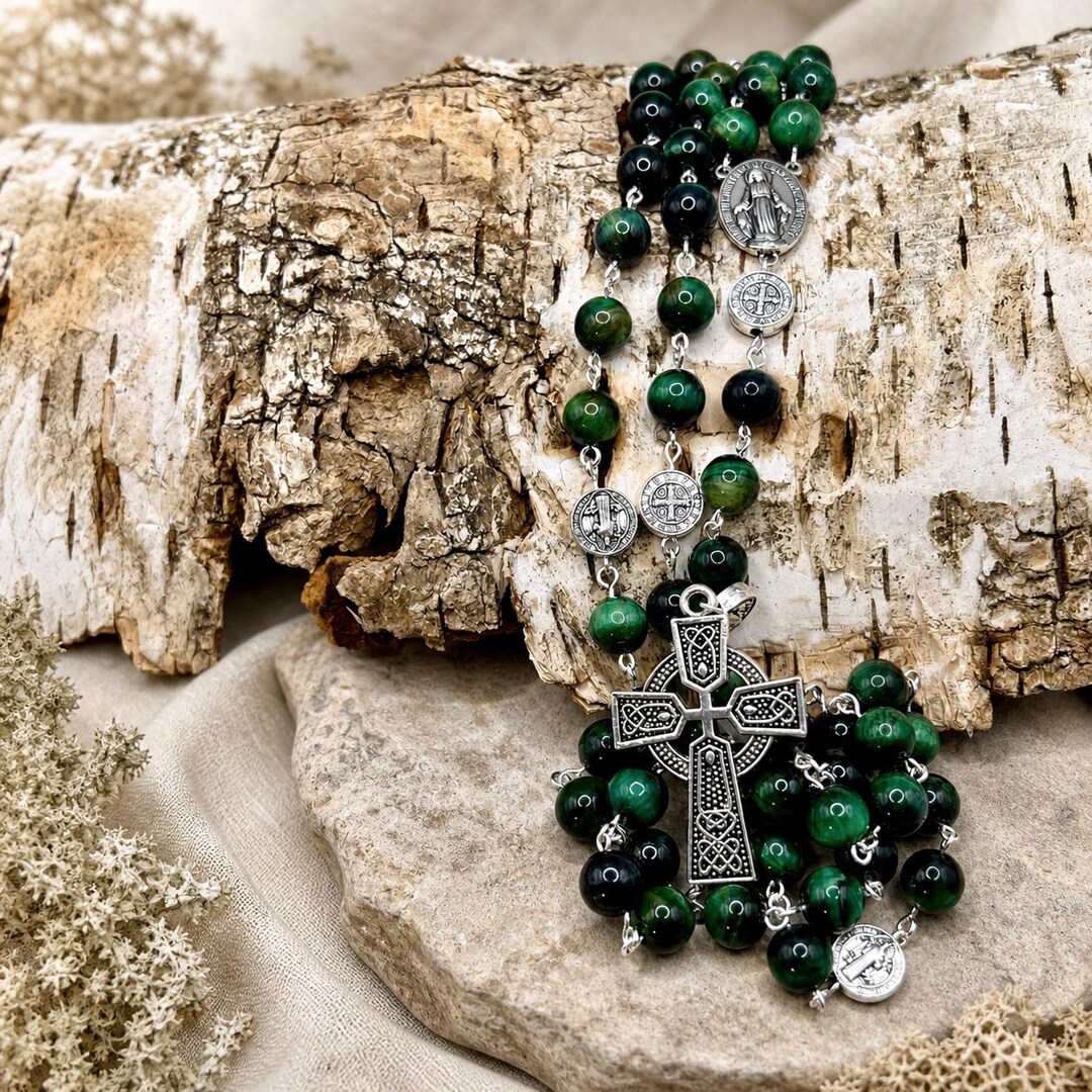 Celtic Cross Rosary Beads: Green Tiger's Eye, Handmade in Scotland