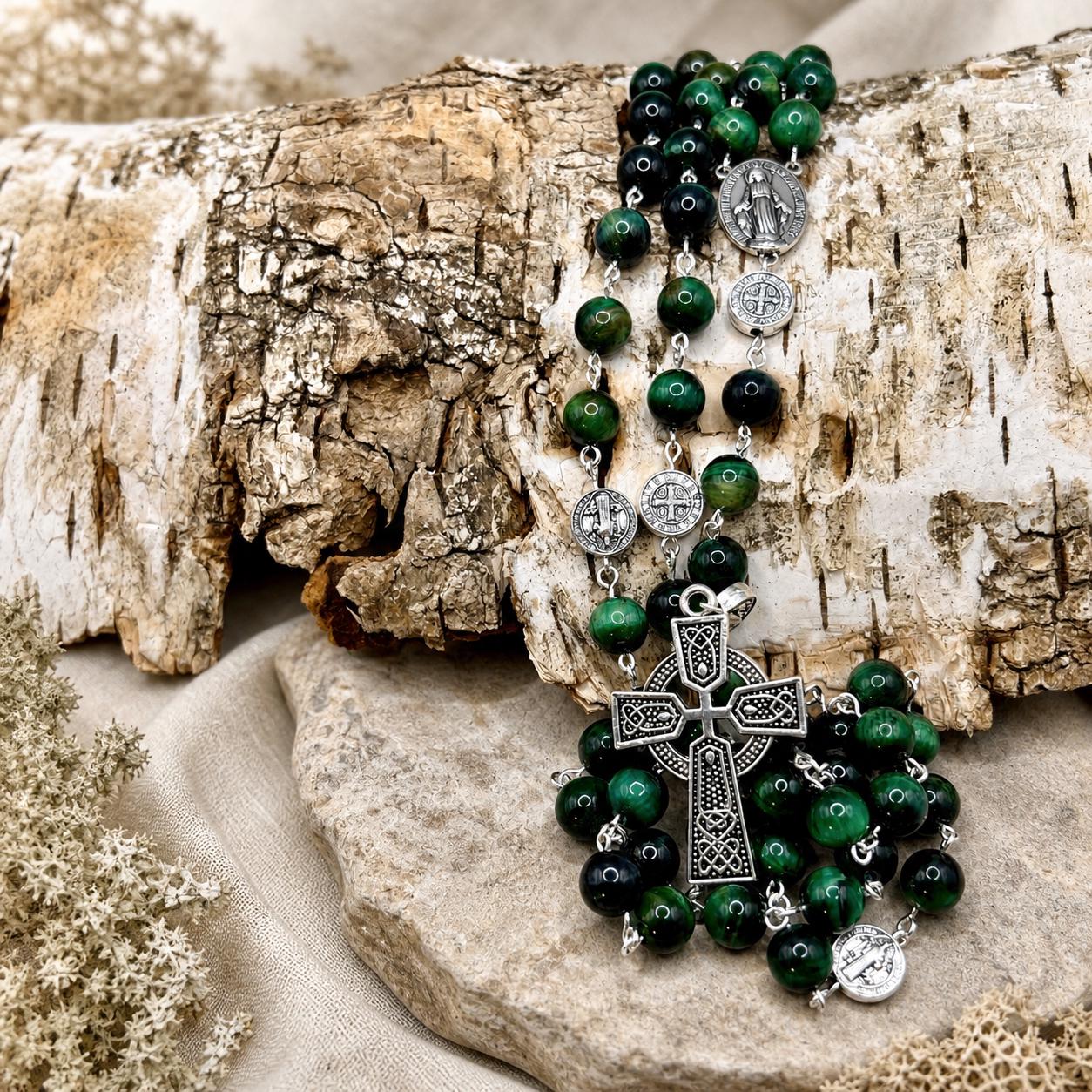 Celtic Cross Rosary Beads: Green Tiger's Eye, Handmade in Scotland