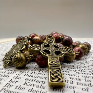 Handmade Pink Granite Celtic Rosary: Antiqued Brass, Scallop Miraculous Medal