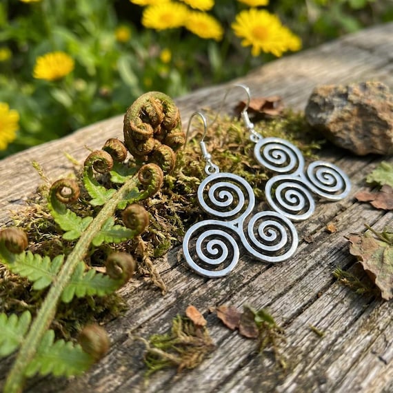 Celtic Spiral Earrings, Silver-Plated Hooks, Stainless Steel Dangles, Irish Design