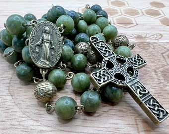 Traditional Handmade Catholic Rosary with Celtic Cross Natural Green Jade Stone beads designed and made in Scotland