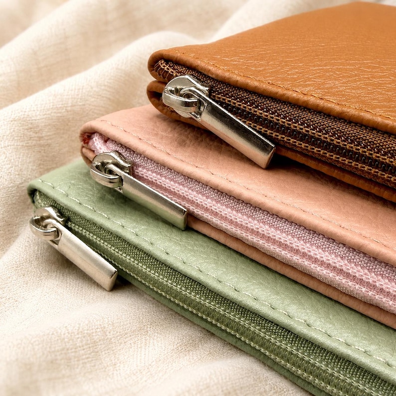 May include: Three rectangular zipped pouches stacked vertically. The top pouch is tan with a brown zip, the middle is light pink with a pink zip, and the bottom is sage green with a green zip. Each features a silver metal zip pull.