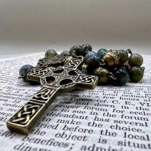 Handmade Catholic Rosary: Moss Agate Beads, Celtic Cross, Antiqued Brass