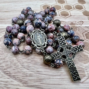 Traditional Handmade Catholic Rosary with Celtic Cross Natural Pink Granite Stone beads designed and made in Scotland