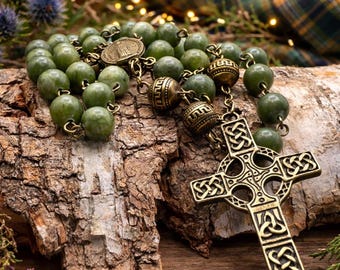 Handmade Catholic Rosary: Green Jade Beads, Celtic Cross, Scottish Design