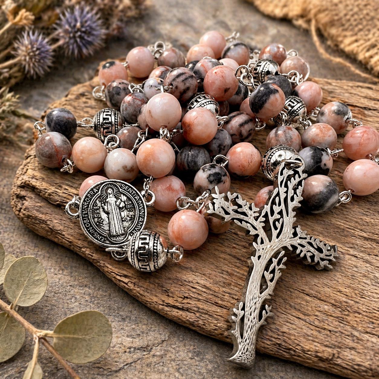 Handmade Pink Marble Rosary: Tree of Life, Saint Benedict Medal