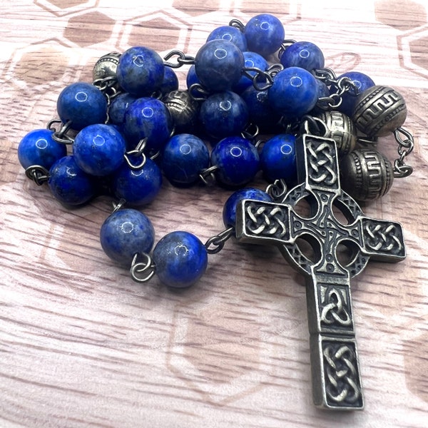 Lapis Lazuli - Anglican Protestant Christian Rosary Prayer Beads - Celtic Cross - Handmade in Scotland