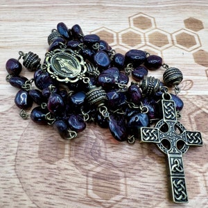 Handmade Garnet Rosary: Celtic Cross, Catholic Prayer Beads