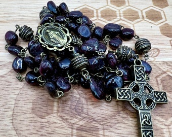 Traditional Handmade Catholic Rosary with Celtic Cross Irregular Garnet Stone beads designed and made in Scotland