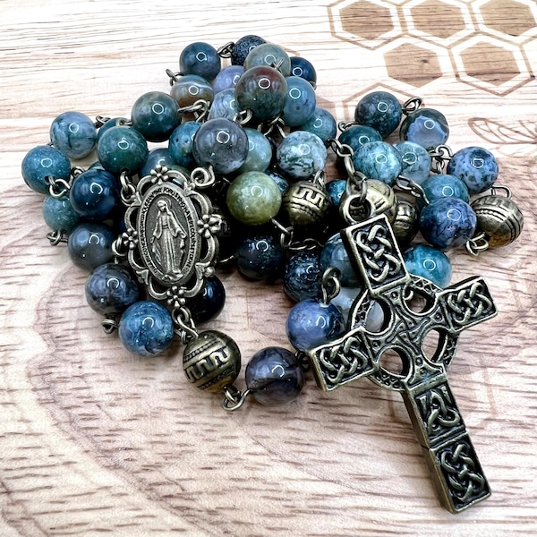 Traditional Handmade Catholic Rosary with Celtic Cross Natural Moss Agate Stone moss green beads designed and made in Scotland