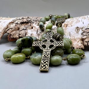 Handmade Scottish Rosary: Jade Beads, Celtic Cross, Miraculous Medal