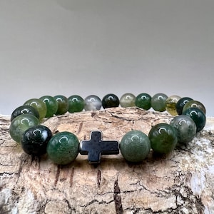 Handmade in Scotland Green Moss Agate and Hematite Stone Rosary Bracelet with Catholic Christian Crucifix Cross