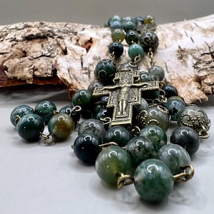 Handmade Moss Agate Rosary: Antiqued Brass Saint Francis Cross, Miraculous Medal