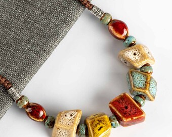 Distressed Cubic Beaded Handmade Kiln Fired Ceramic Adjustable Necklace