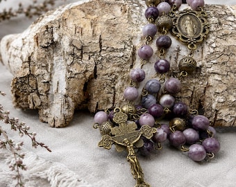 Catholic Rosary – Antiqued Brass & Dusky Purple Agate, Handmade in Scotland, Victorian Gothic Starburst Cross