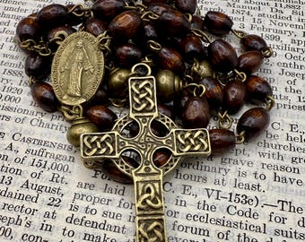 Handmade Scottish Maple Rosary: Brass Celtic Cross, Miraculous Medal