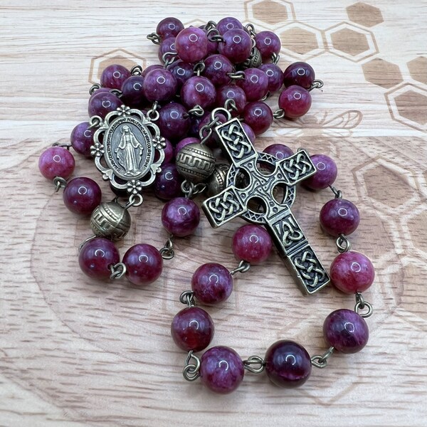 Traditional Handmade Catholic Rosary with Celtic Cross Garnet Stone beads designed and made in Scotland