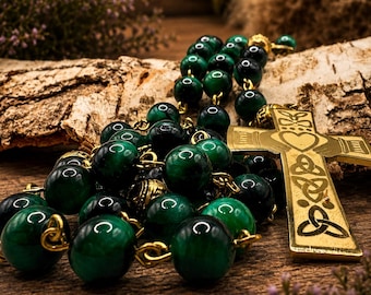 Handmade Green Tiger's Eye Rosary: Gold Claddagh Celtic Knot