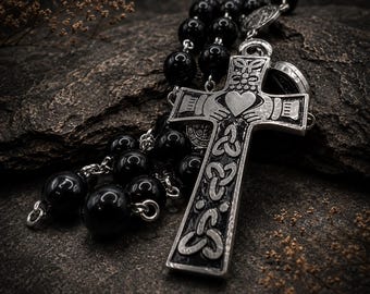 Handmade Scottish Rosary: Black Obsidian Beads, Claddagh Cross