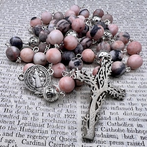 Handmade in Scotland Rosary Beads Pink Marble Tree of LIfe Saint Benedict Protection  Medal Traditional Prayer Beads Silver Catholic Gift