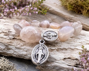Handmade Mauve Agate Rosary Bracelet: Virgin Mary Miraculous Medal, Catholic Gift