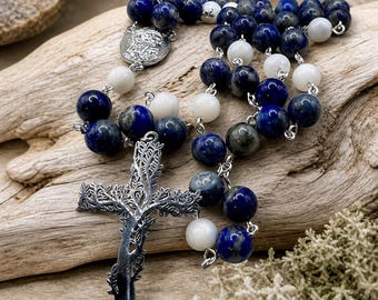 Handmade Saint Joseph Rosary: Lapis Lazuli, Shell, Sterling Silver Plated
