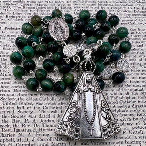 Our Lady of Aparecida Nossa Senhora Aparecida Brazilian Catholic Rosary Virgin Mary Miraculous Medal Saint Benedict Silver  Green Tigers Eye