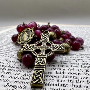 Handmade Catholic Rosary: Garnet Beads, Celtic Cross, Scottish Design