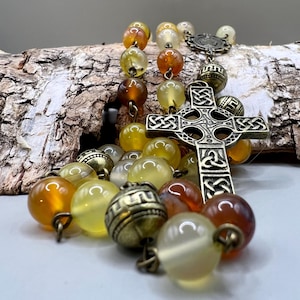 Handmade Citrine Rosary: Celtic Cross, Antiqued Brass, Catholic Prayer Beads