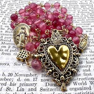 Handmade Pink Quartz Catholic Rosary: Sacred Heart, Miraculous Medal