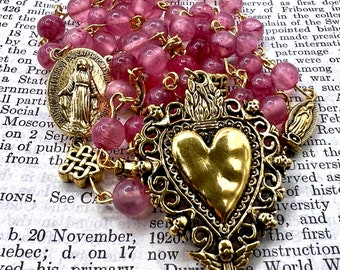 Rosario católico de cuarzo rosa hecho a mano: Sagrado Corazón, Medalla Milagrosa