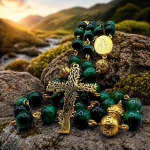 Green Tiger's Eye Catholic Rosary: Handmade Gold Virgin Mary Medal, Celtic Cross