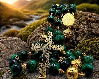 Green Tiger's Eye Catholic Rosary: Handmade Gold Virgin Mary Medal, Celtic Cross