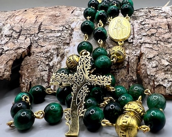 Green Tiger&#39;s Eye Catholic Rosary: Handmade Gold Virgin Mary Medal, Celtic Tree of Life