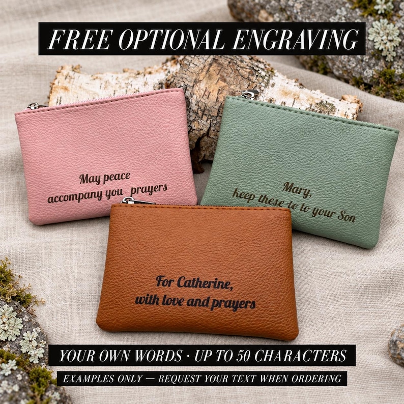Pink, green and brown rosary pouches showing examples of free optional reverse engraving in Lobster script. Your own words, up to 50 characters, on linen with birch bark, moss and lichen.