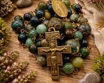 Rosario de ágata musgosa hecho a mano: Cruz de San Francisco de latón envejecido, Medalla Milagrosa