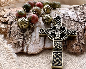 Unakite Anglican Rosary Prayer Beads, Celtic Cross Christian, Handmade in Scotland, 8mm Stone Beads