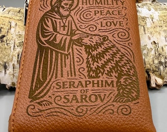 Engraved Rosary Pouch: Custom Catholic Gift - Saint Seraphim of Sarov and the Bear Rosary case