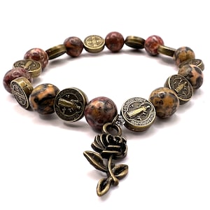 Handmade Pink Granite Rosary Bracelet: Catholic Crucifix & Virgin Mary Charms