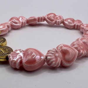 Handmade ceramic sacred heart and saint Benedict charm bracelet catholic Christian bracelet pink gold