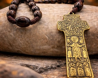Handmade Maple Anglican Rosary with Antiqued Brass Celtic Carndonagh Cross