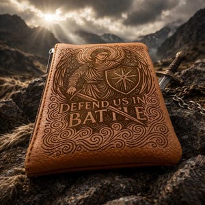 May include: A tan leather-textured zipped case featuring an engraved illustration of an angel with wings holding a shield and sword. The text "DEFEND US IN BATTLE" is centred below the figure, surrounded by intricate swirling line patterns.